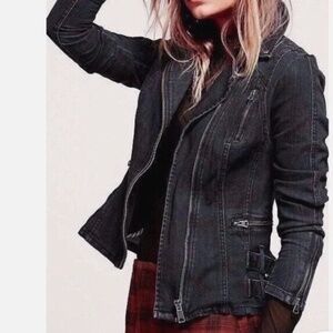 Free People Black Denim Buckle Motto Jacket